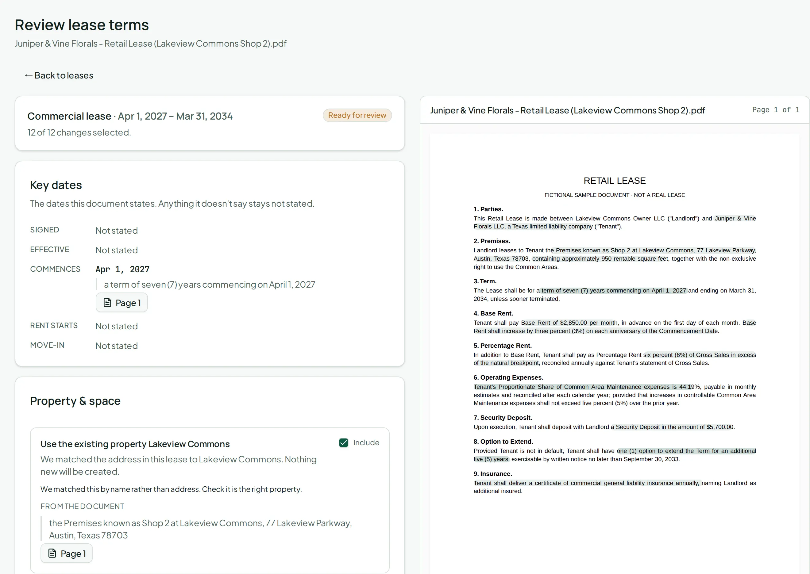 AI lease abstraction review in Vespy: proposed lease terms beside the source lease PDF, with each quoted clause highlighted