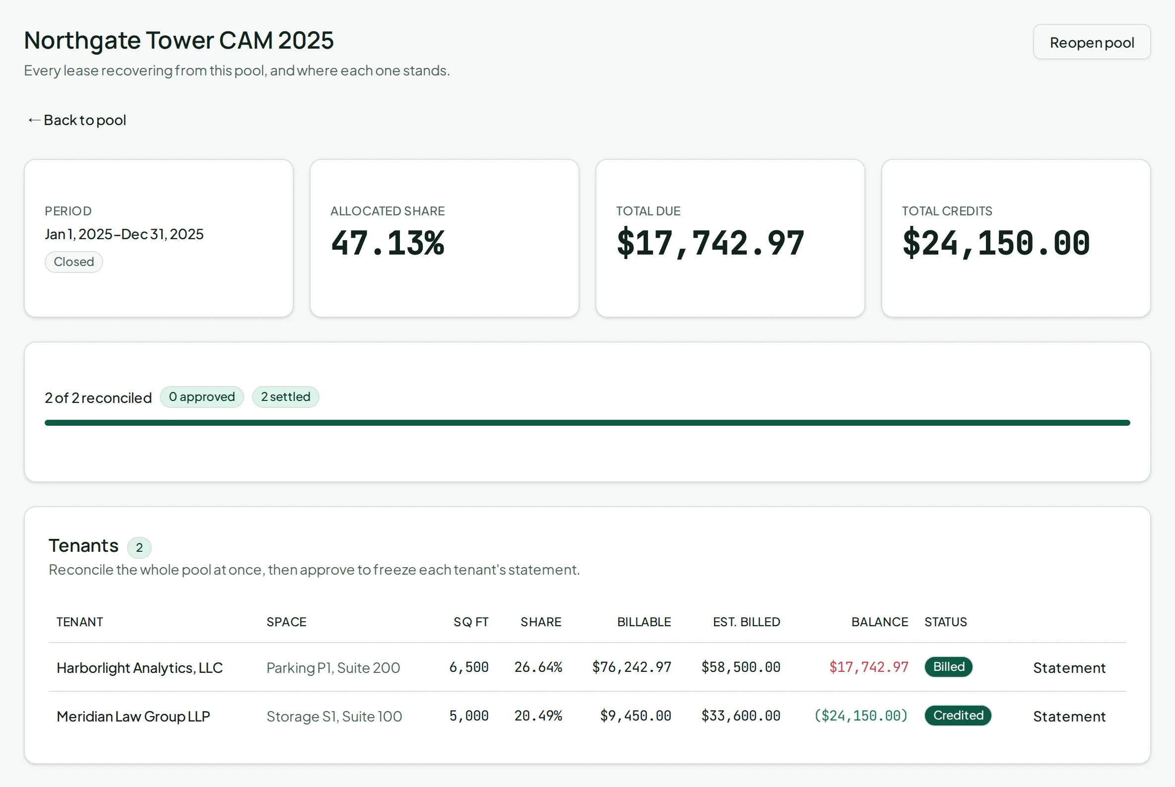 Recovery pool reconciliation in Vespy listing each tenant’s square footage, pro-rata share, billable amount, estimates billed, and balance