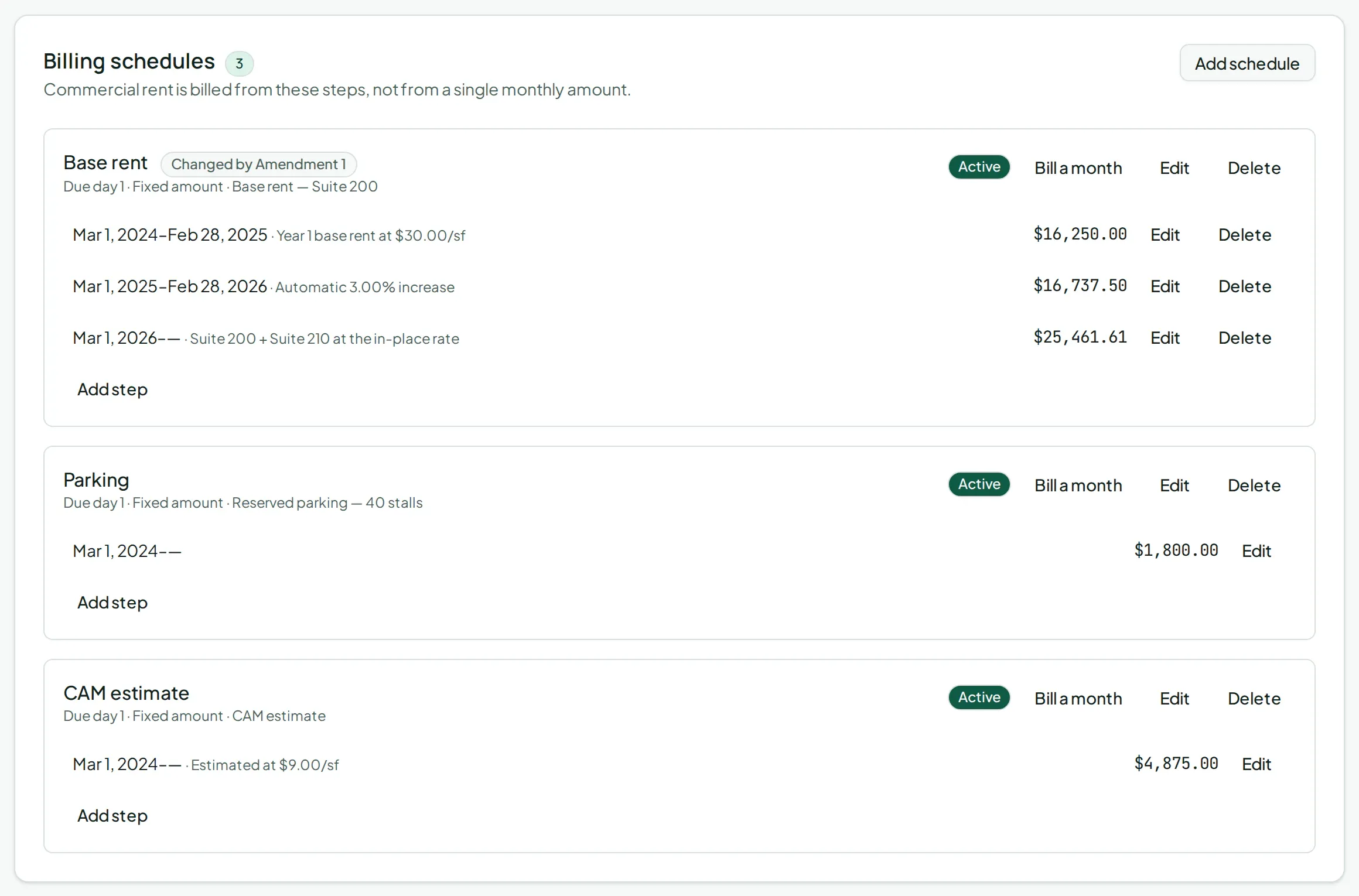 Commercial lease billing schedule in Vespy with base rent steps, an automatic 3% rent escalation, and a step rewritten by an amendment