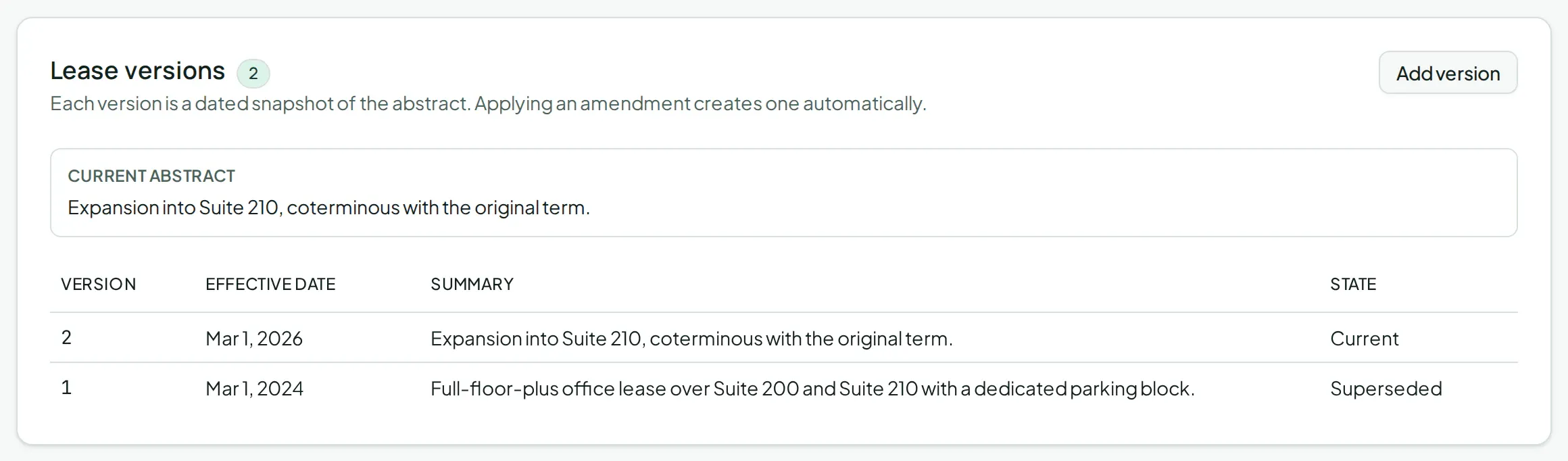Lease version history in Vespy: the original abstract superseded by an amendment expanding into Suite 210